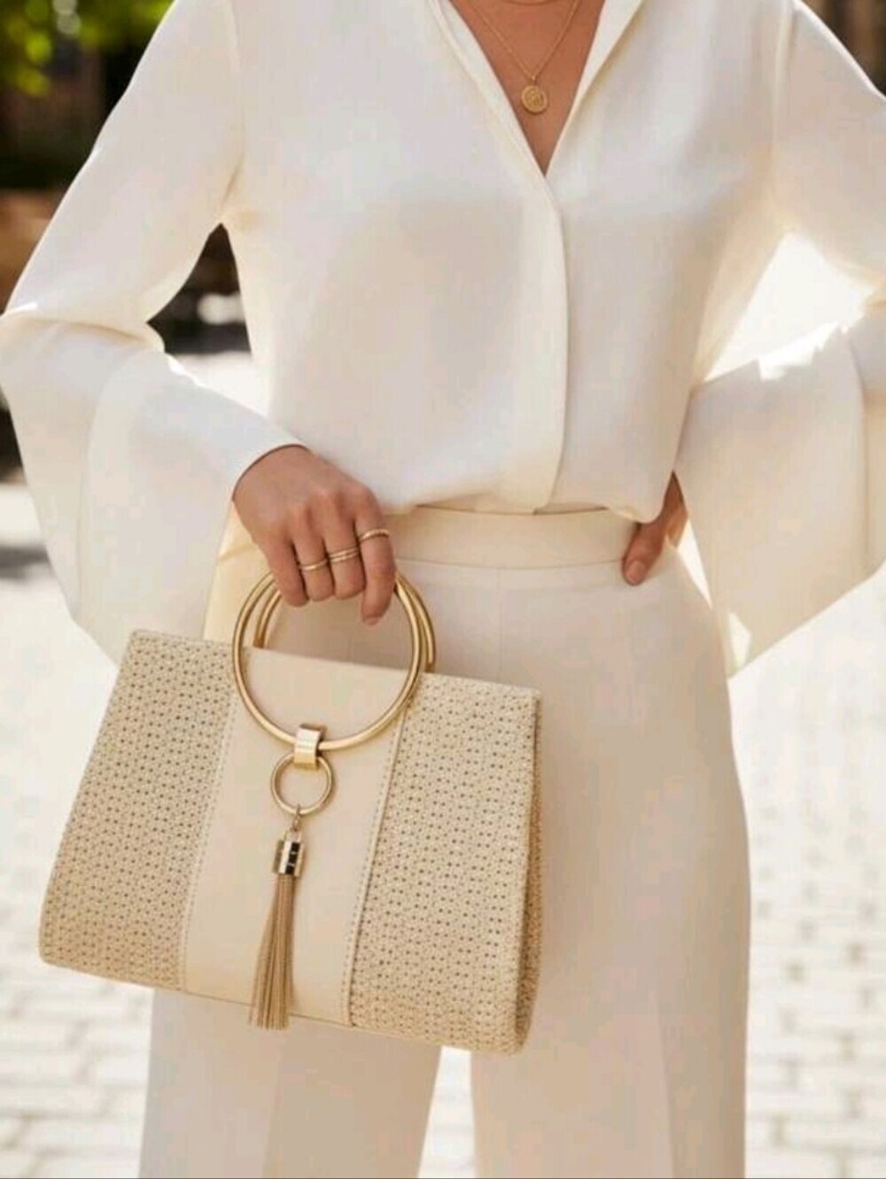 Chic Cream Woven Wristlet Clutch with Gold Ring Handle